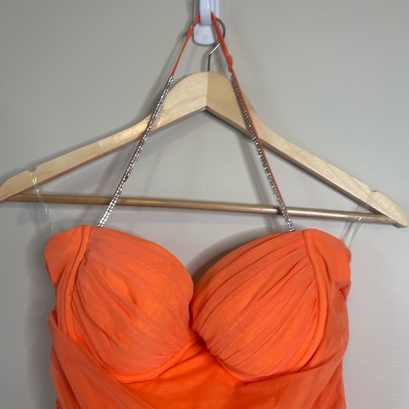 Oh Polly Neon Orange Bedazzled Cutout Halter Ruched Bodycon Mini Dress Size 8 - Picture 6 of 10